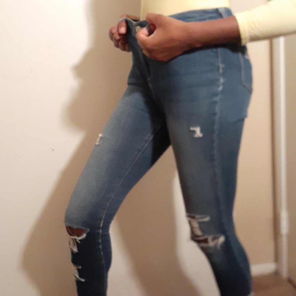 Forever 21 yellow bodysuit w/ custom ripped jeans